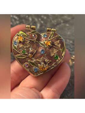 Vintage MONET Heart Enamel Trinket Box • Floral Vine Design • Jewelled Keepsake